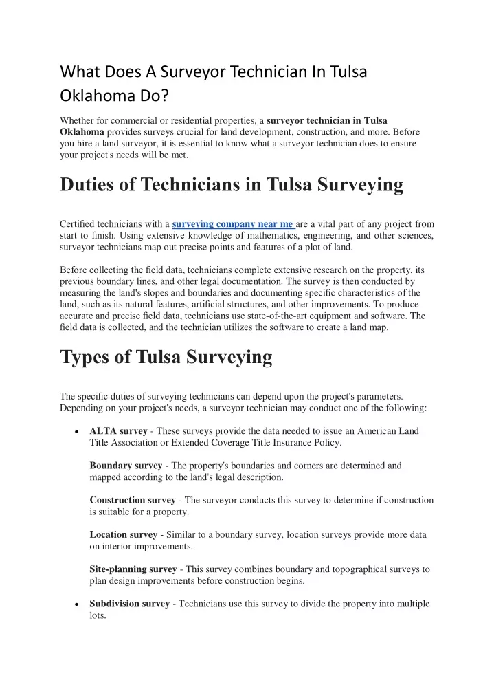 what does a surveyor technician in tulsa oklahoma