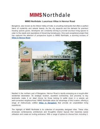 MIMS Northdale_ Luxurious Villas in Hennur Road