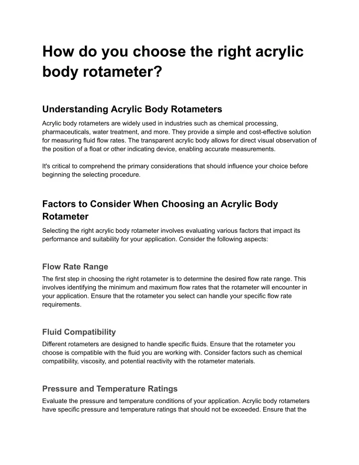 how do you choose the right acrylic body rotameter