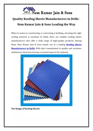 Quality Roofing Sheets Manufacturers in Delhi - Nem Kumar Jain & Sons Leading the Way