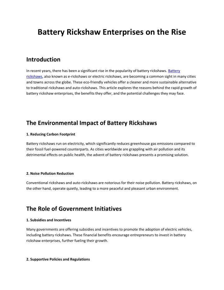 battery rickshaw enterprises on the rise