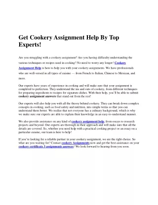 Get Cookery Assignment Help By Top Experts