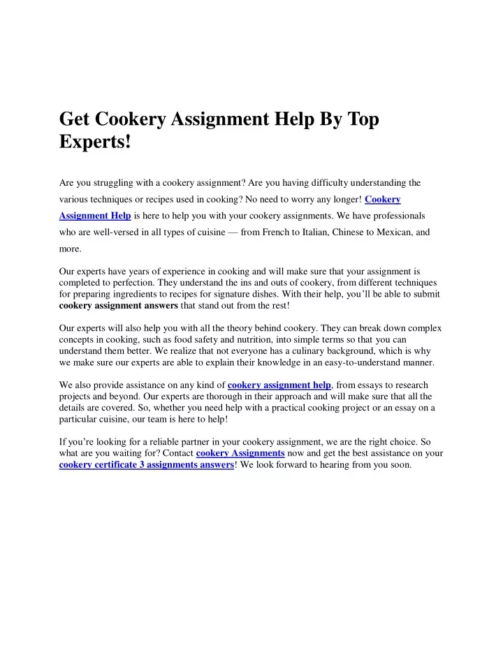 get cookery assignment help by top experts
