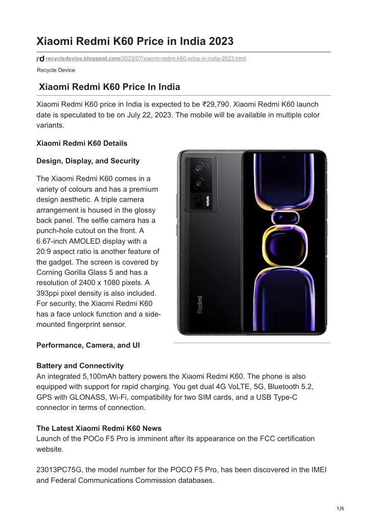 xiaomi redmi k60 price in india 2023