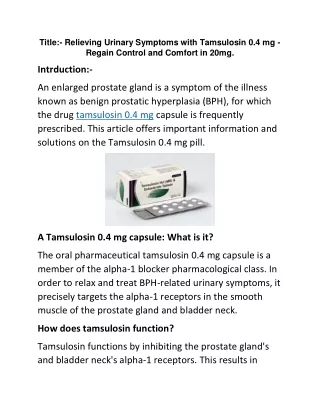 Relieving Urinary Symptoms with Tamsulosin 0.4 mg - Regain Control and Comfort