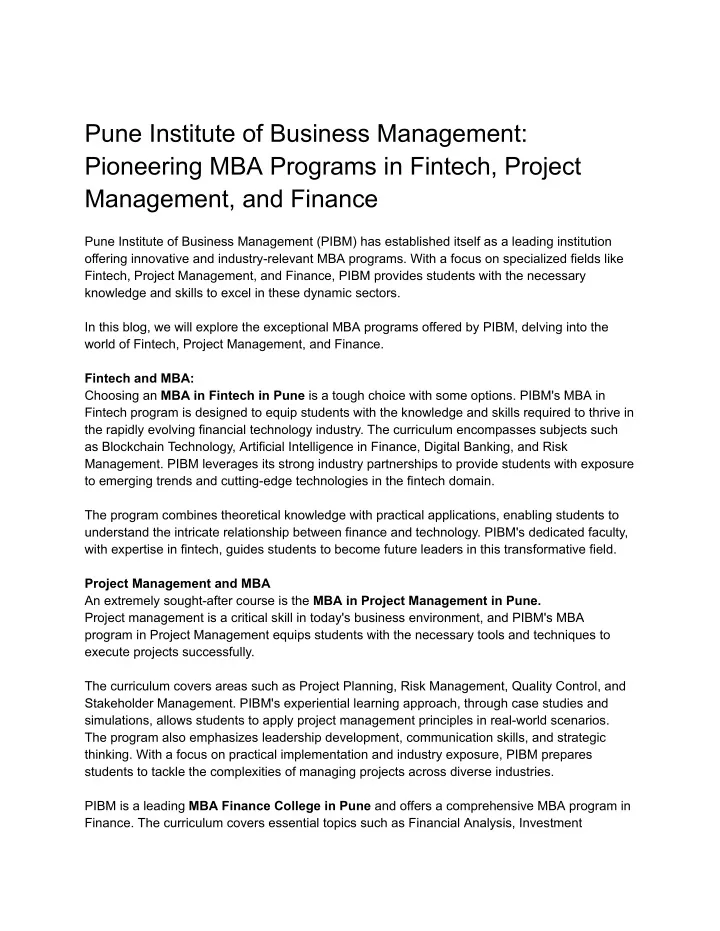 pune institute of business management pioneering