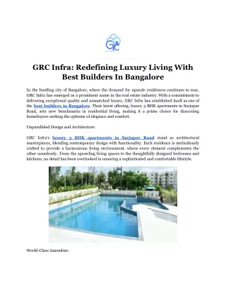 GRC Infra - Redefining Luxury Living With Best Builders In Bangalore