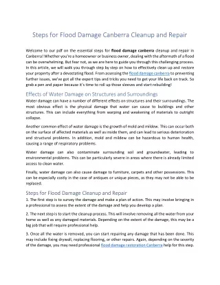 Steps for Flood Damage Canberra Cleanup and Repair