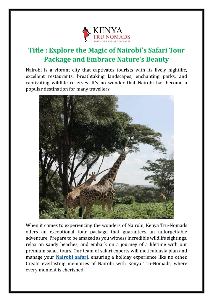 title explore the magic of nairobi s safari tour