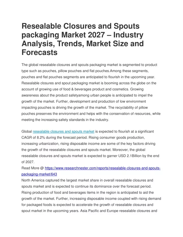 resealable closures and spouts packaging market