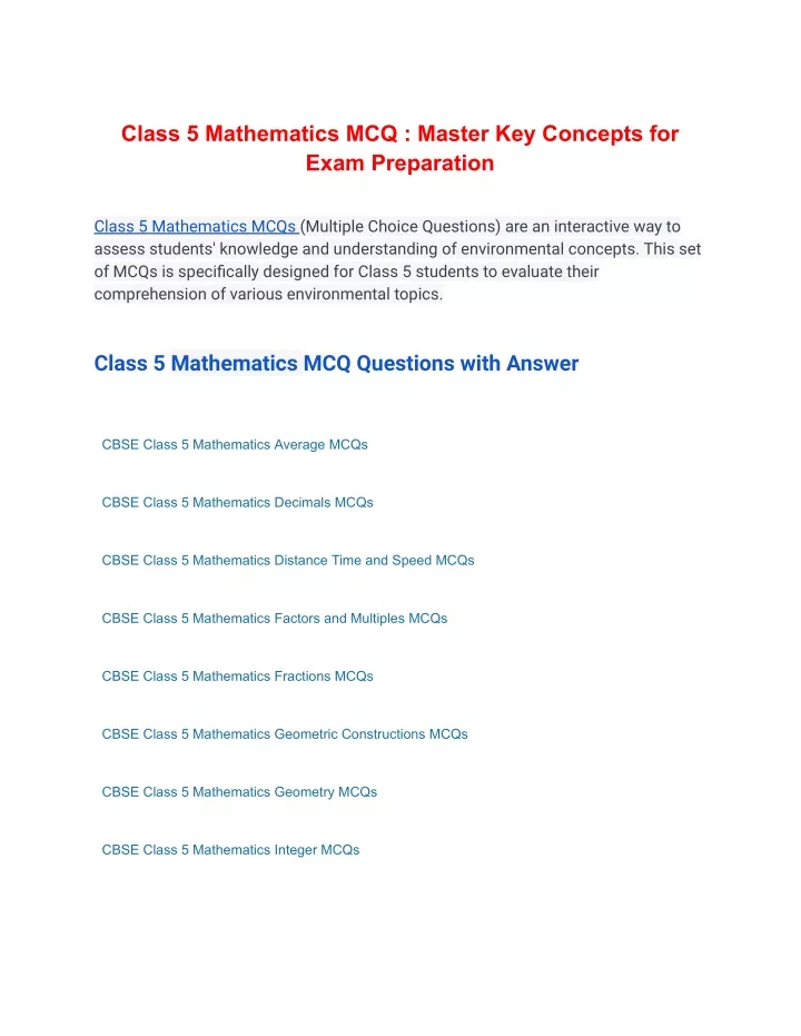 class 5 mathematics mcq master key concepts