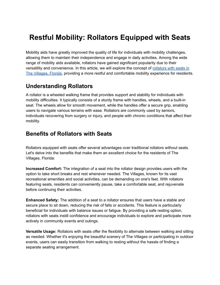 restful mobility rollators equipped with seats