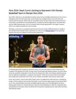 Paris 2024  Steph Curry's Exciting to Represent USA Olympic Basketball Team in Olympic Paris 2024
