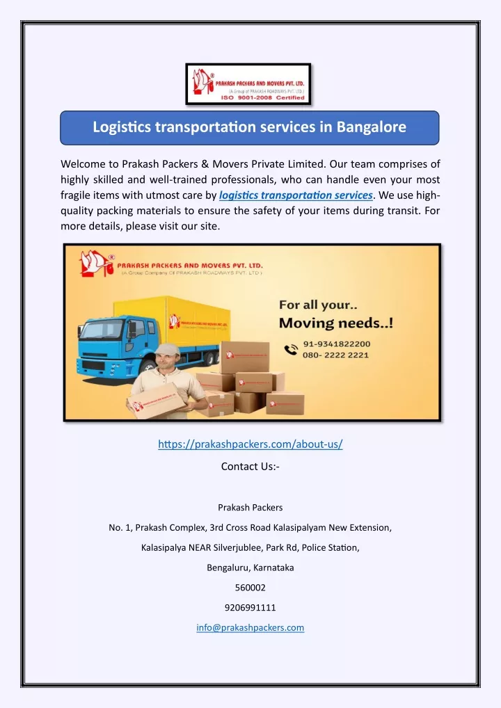 logistics transportation services in bangalore