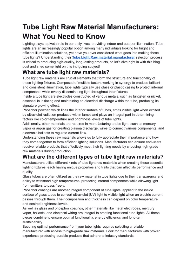 tube light raw material manufacturers what