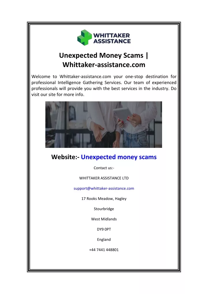 unexpected money scams whittaker assistance com