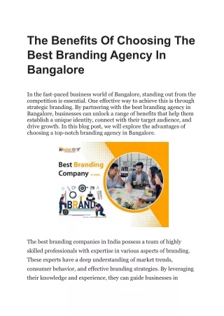 The Benefits Of Choosing The Best Branding Agency In Bangalore