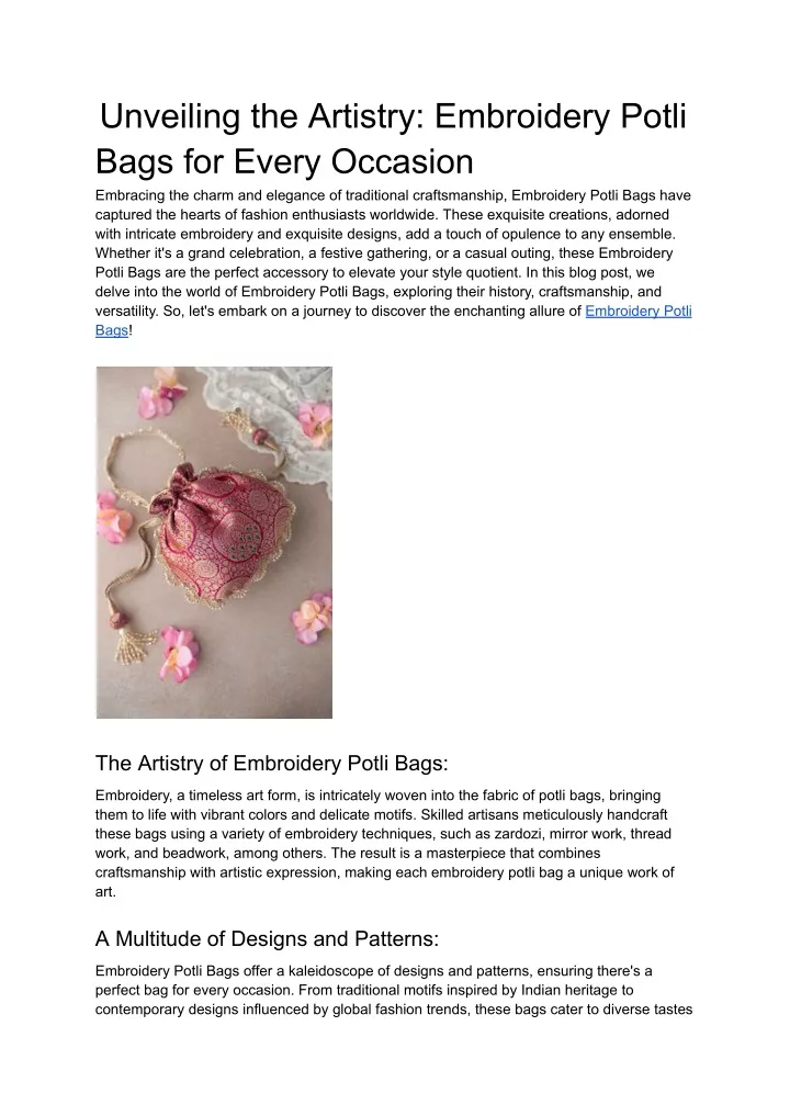 unveiling the artistry embroidery potli bags
