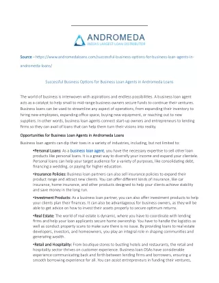 Successful Business Options for Business Loan Agents in Andromeda Loans