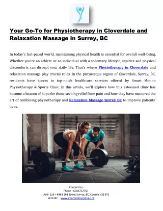 Your Go-To for Physiotherapy in Cloverdale and Relaxation Massage in Surrey, BC