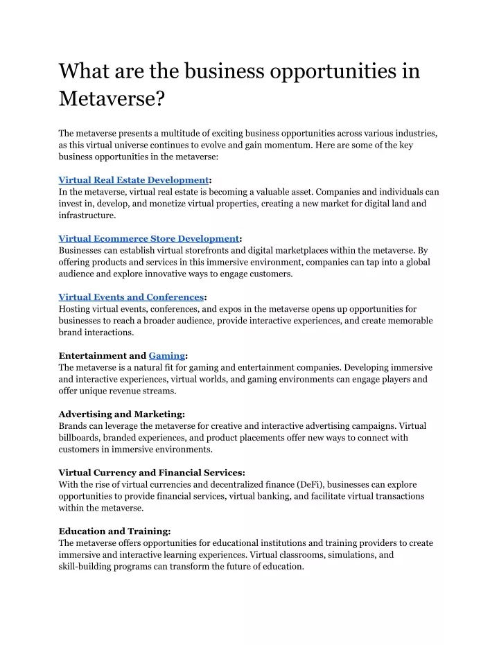what are the business opportunities in metaverse