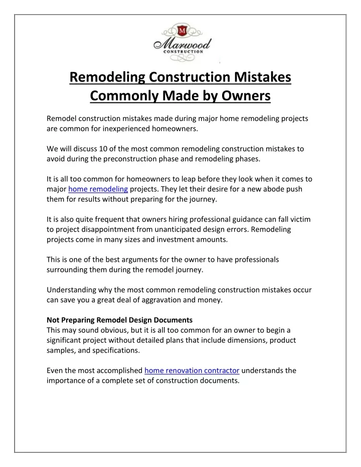 remodeling construction mistakes commonly made