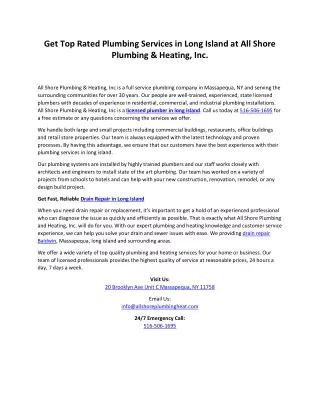 Get Top Rated Plumbing Services in Long Island at AllShorePlumbingHeat