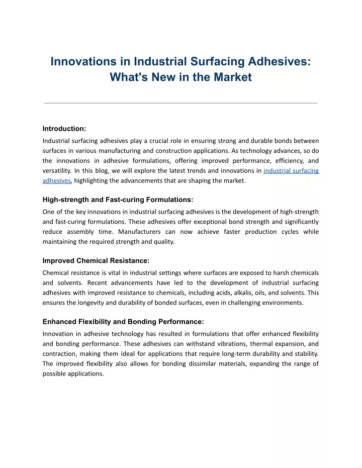 innovations in industrial surfacing adhesives