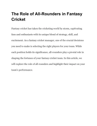 The Role of All-Rounders in Fantasy Cricket: Impactful Players for Your Team