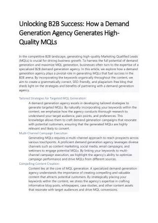 Unlocking B2B Success How a Demand Generation Agency Generates High Quality MQLs