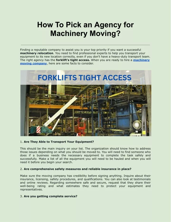 how to pick an agency for machinery moving
