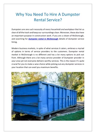 Why You Need To Hire A Dumpster Rental Service