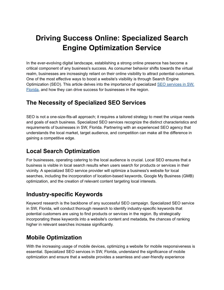 driving success online specialized search engine