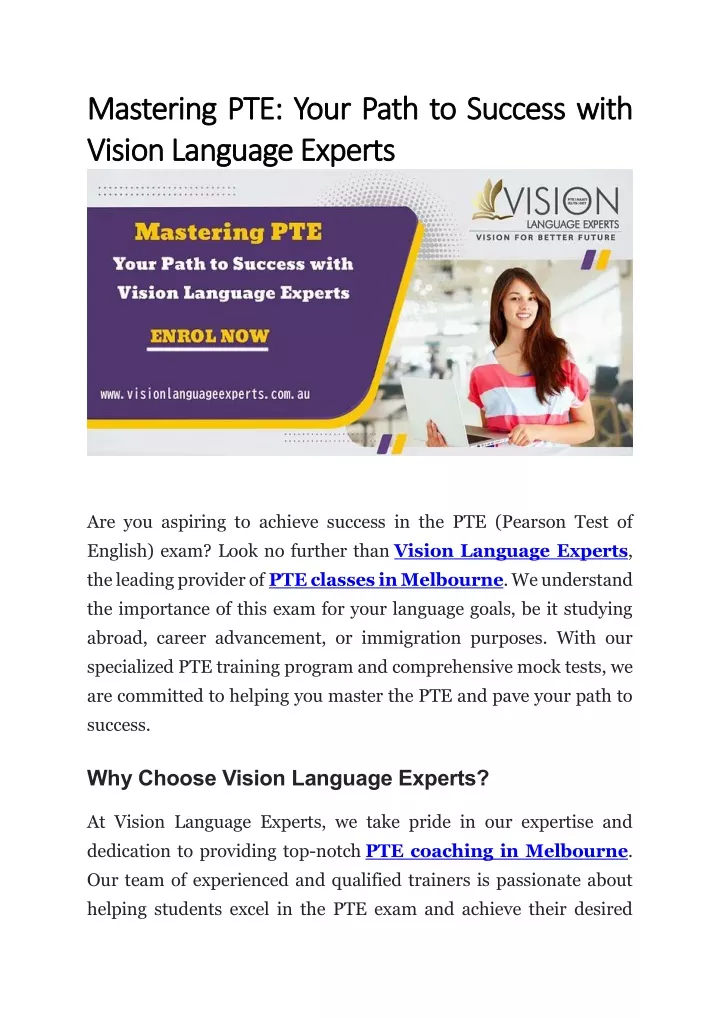 PPT - Mastering PTE - Your Path to Success with Vision Language Experts 