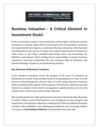 Business Valuation - A Critical Element In Investment Deals