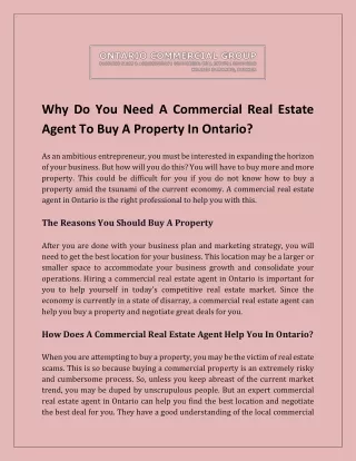 Why Do You Need A Commercial Real Estate Agent To Buy A Property In Ontario