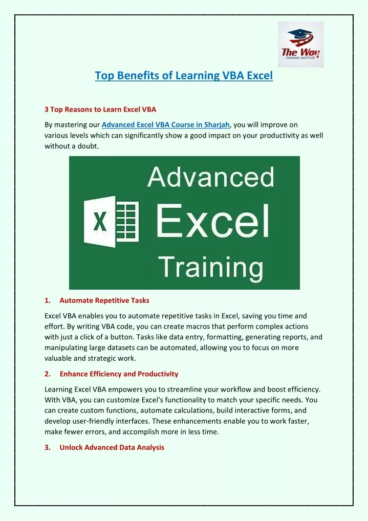 top benefits of learning vba excel
