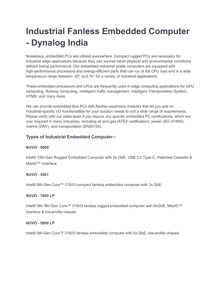 industrial fanless embedded computer dynalog india