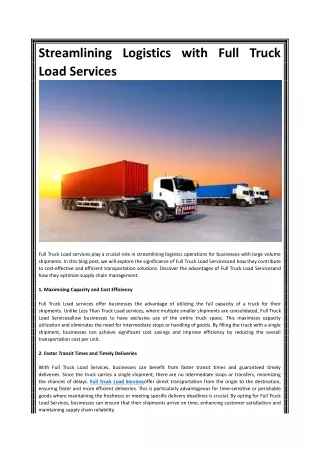 Streamlining Logistics with Full Truck Load Services