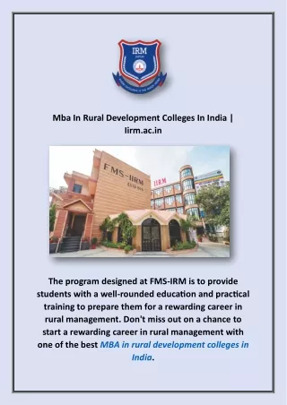 Mba In Rural Development Colleges In India | Iirm.ac.in