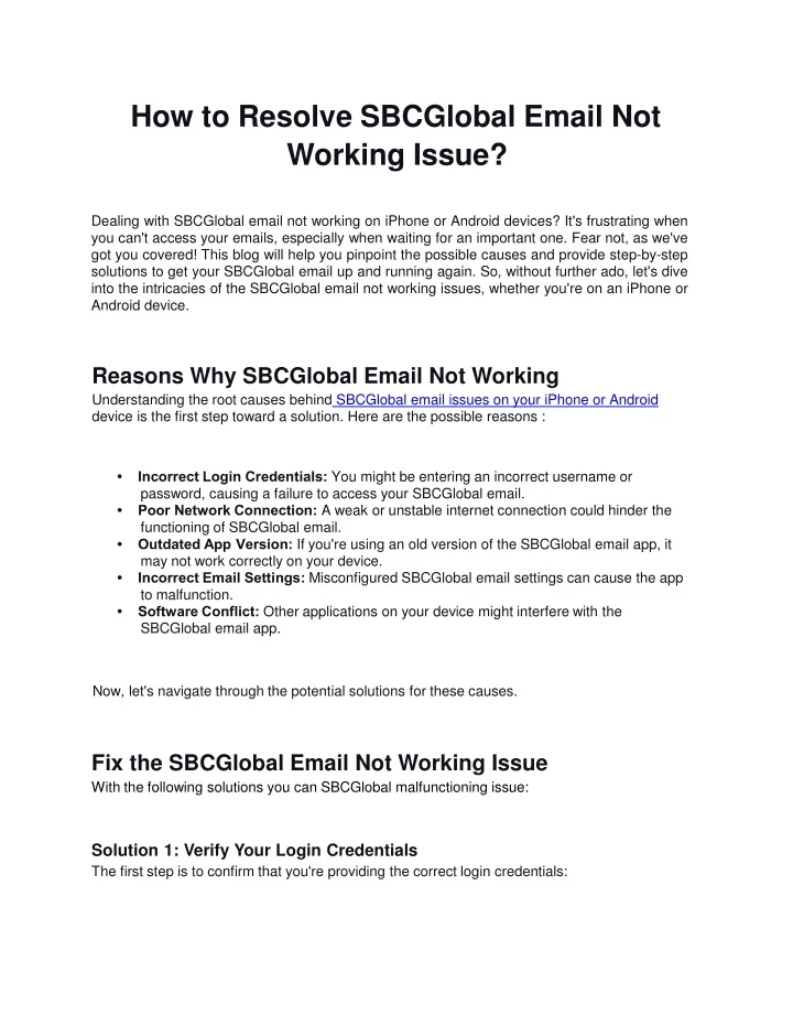 how to resolve sbcglobal email not working issue