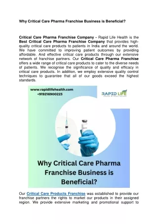 Why Critical Care Pharma Franchise Business is beneficial