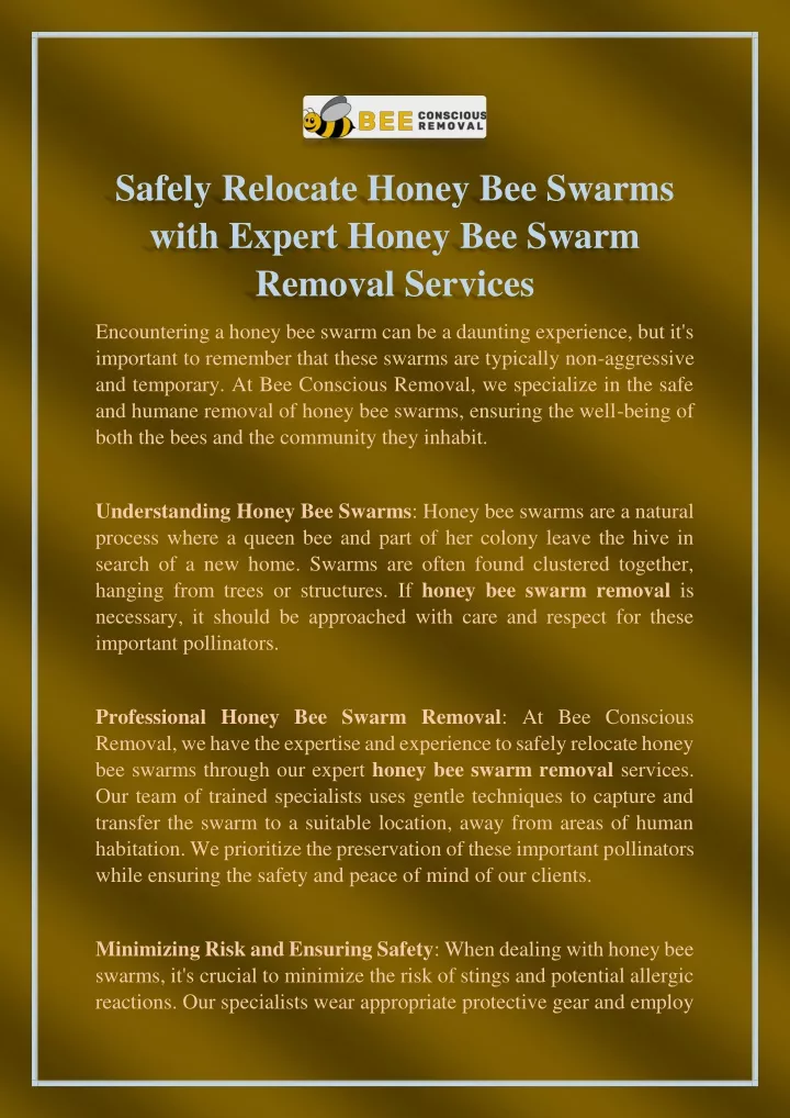 safely relocate honey bee swarms with expert