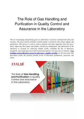The Role of Gas Handling and Purification in Quality Control and Assurance in the Laboratory