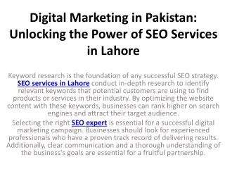 Digital Marketing in Pakistan Unlocking the Power of SEO Services in Lahore