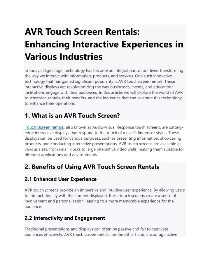 avr touch screen rentals enhancing interactive