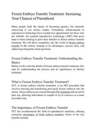 Frozen Embryo Transfer Treatment: Increasing Your Chances of Parenthood