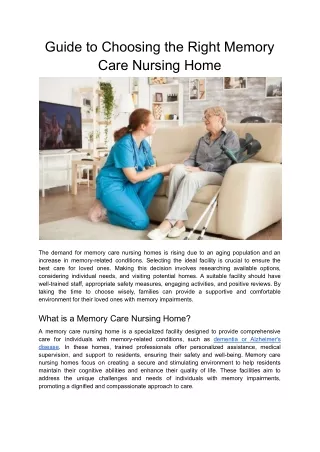 Guide to Choosing the Right Memory Care Nursing Home