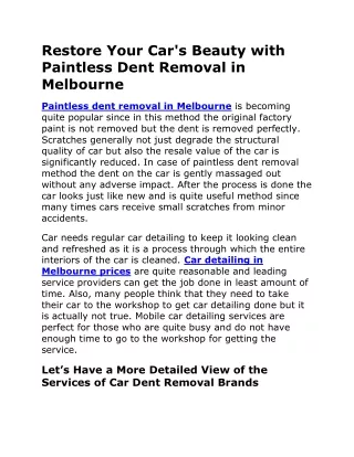 Restore Your Car's Beauty with Paintless Dent Removal in Melbourne
