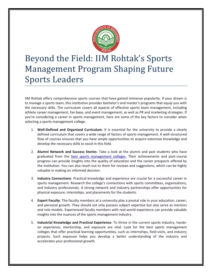 beyond the field iim rohtak s sports management